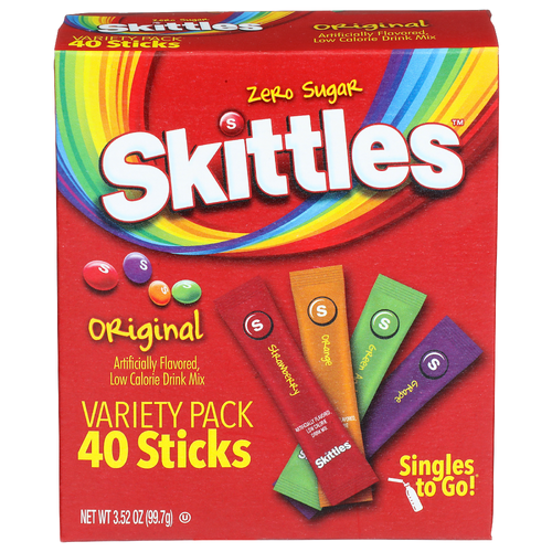 Skittles 4 Original Flavors! Strawberry Orange Green Apple Grape Drink Mix - 0.088 Ounce - 40 Count