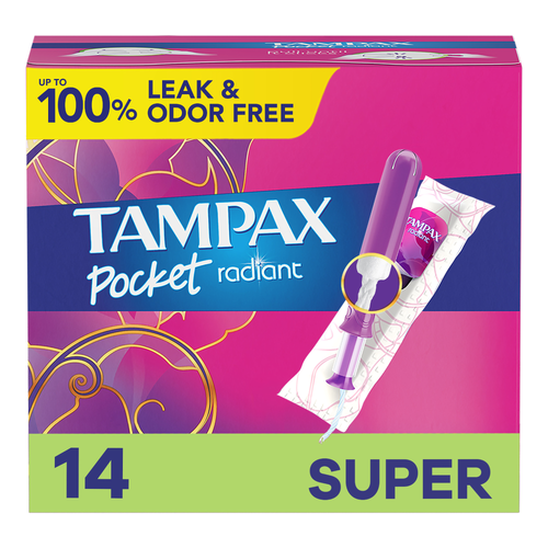 Tampax Pocket Radiant Compact Plastic Tampons, With Leakguard Braid, Super Absorbency, Unscented - 14 Count