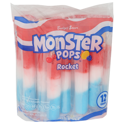 BUDGET SAVER Rocket Monster Pops Blue Raspberry, Lemon, Cherry Frozen Slushed Novelty - 3 Fluid Ounce - 12 Count