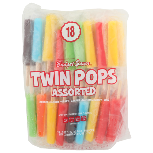 Budget Saver Orange • Cherry • Grape • • Banana • Blue Raspberry • Lime Assorted Twin Pops - 2.35 Fluid Ounce - 18 Count