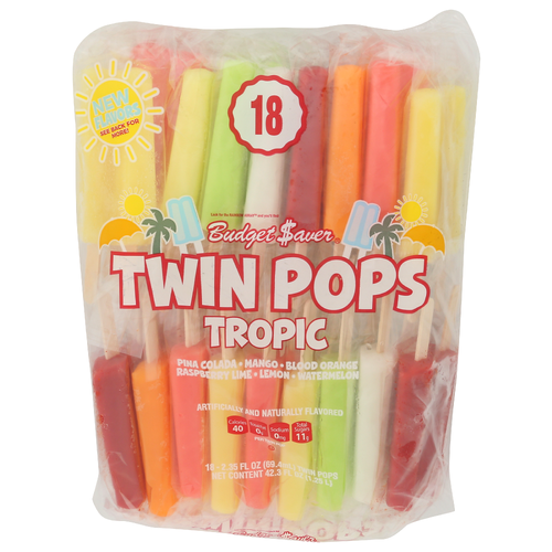 BUDGET SAVER Tropic Twin Pops Pina Colada, Mango, Blood Orange, Raspberry Lime, Watermelon Frozen Novelty - 2.35 Fluid Ounce - 18 Count
