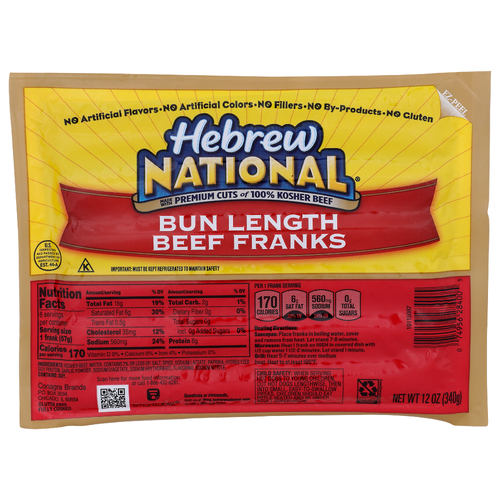 Hebrew National Bun Length Beef Franks - 12 Ounce