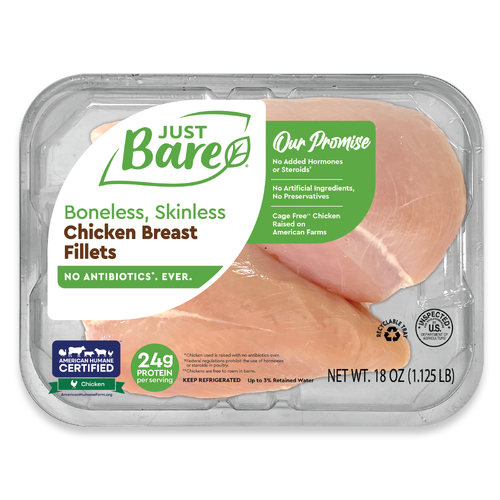 Just Bare Brand Boneless Skinless Chicken Breast Fillets - 1.13 Pound