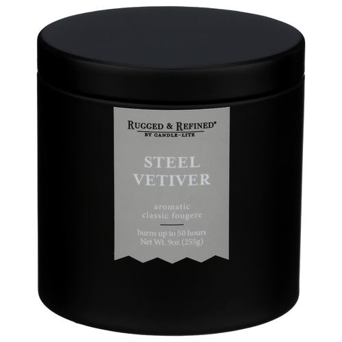 RUGGED & REFINED Steel Vetiver Candle In Black Tin - 9 Ounce