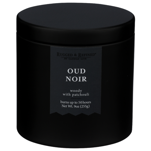RUGGED & REFINED Oud Noir Candle In Black Tin - 9 Ounce
