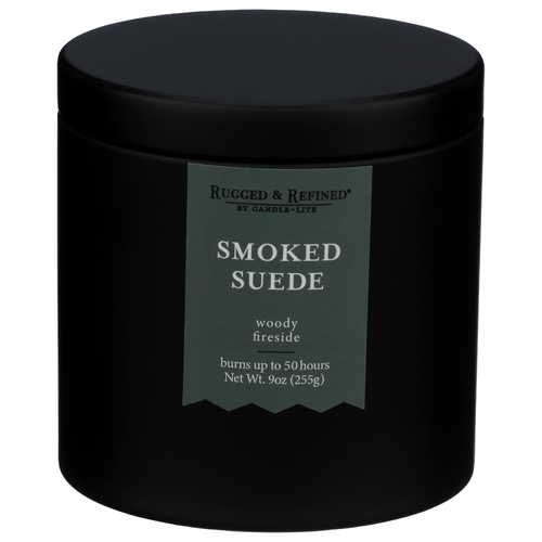 RUGGED & REFINED Smoked Suede Candle In Black Tin - 9 Ounce
