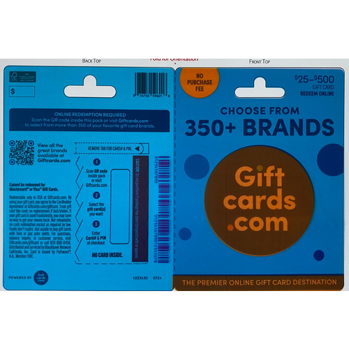 GIFTCARDS.COM $25-500 - 1 Each