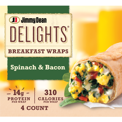 Jimmy Dean Spinach & Bacon Eggs, White Cheddar Cheese, Spinach, Bacon, And Caramelized Onions In Whole Wheat Tortilla Delights Breakfast Wraps - 17 Ounce Image 1 of 4