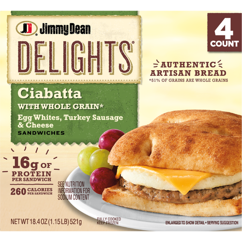 JIMMY DEAN DELIGHTS Turkey Sausage, Egg White And Cheese Ciabatta Sandwiches, Pack, Box - 18.4 Ounce