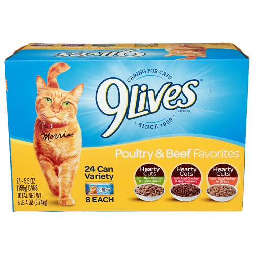 9Lives Real Chicken & Fish In Gravy, Chicken & Beef Turkey Poultry & Beef Favorites Cat Food - 5.5 Ounce - 24 Count
