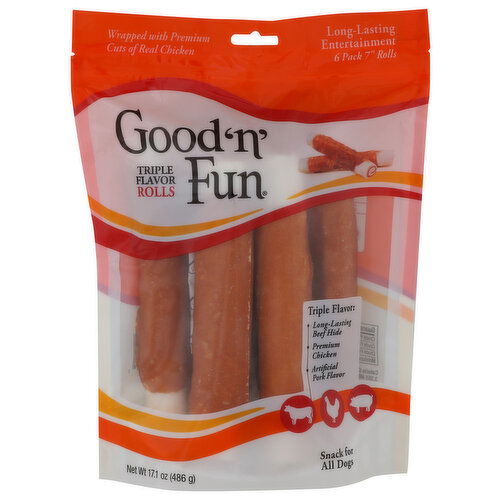Good 'n' Fun Dog Snacks, Rolls, Triple Flavor - 2.85 Ounce - 6 Count