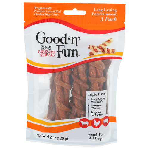 Good 'N' Fun Triple Flavor Long-Lasting Beef Hide Premium Chicken Artificial Pork Crunchy Spirals 'n' Snack For All Dogs - 1.4 Ounce - 3 Count