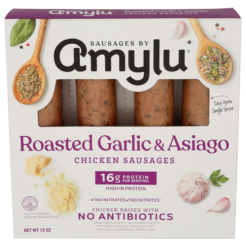 AMYLU FOODS Roasted Garlic & Asiago Sausage Abf - 12 Ounce