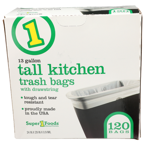 Super 1 Foods Drawstring Tall Kitchen Trash Bags - 120 Count