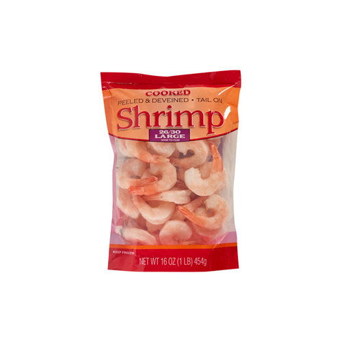 Fresh Cooked Peeled Tail On Shrimp, Frozen, 26/30 Ct Per Lb