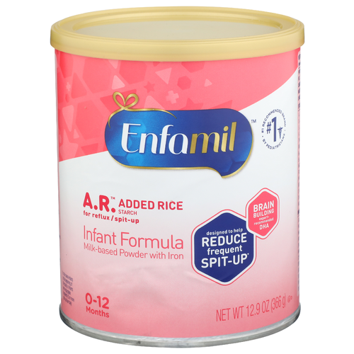 Enfamil A.R. Spit Up Baby Formula is specially formulated with a thicker consistency clinically proven to reduce spit up by over 50%* while providing complete nutrition for your infant up to 12 months, unlike just adding rice cereal to formula. - 12.9 Ounce