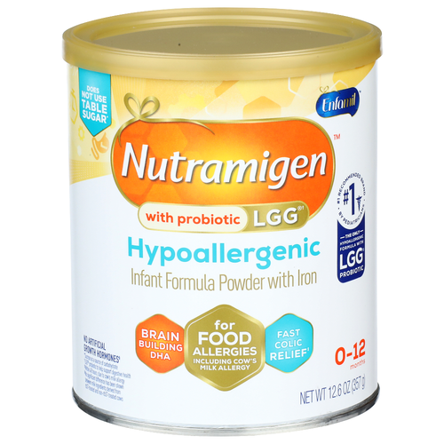 Enfamil Nutramigen LGG Infant Formula is a hypoallergenic formula for babies with cow's milk allergy. If your baby is struggling to sleep, has excessive gas, and cries for more than three hours a day, she may be experiencing colic due to a cow’s milk allergy. - 12.6 Ounce