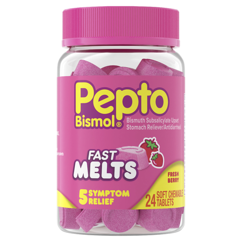 Pepto-Bismol Pepto Fast Melts, Soft Chewable Tablets, Upset Stomach Relief, Bismuth Subsalicylate, Multi-Symptom Of Nausea, Heartburn, Indigestion, Diarrhea, Gas - 24 Count
