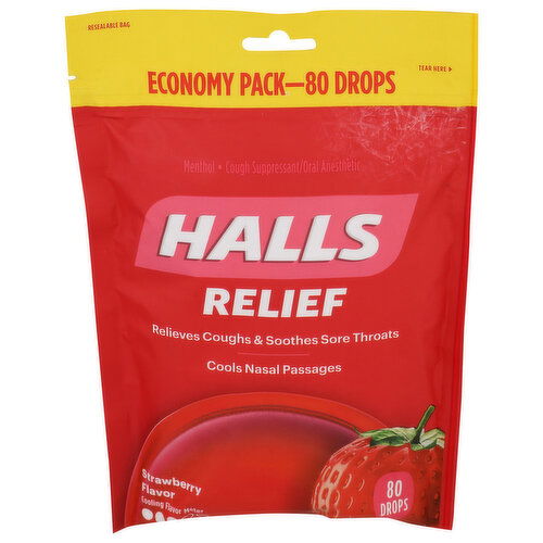 Halls Relief Strawberry Flavor Economy Pack Menthol Cough Suppressantoral Anesthetic - 80 Count