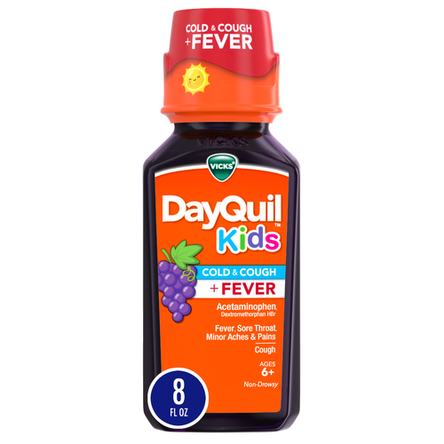 Vicks DayQuil Kids Grape Flavor Cold & Cough + Fever Relief Liquid, Multi-Symptom Daytime Medicine - 8 Ounce