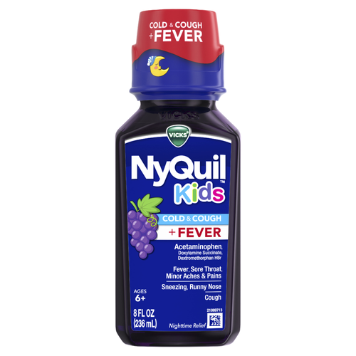 Vicks Nyquil Kids Grape Cold & Cough + fever Multi-Symptom Relief Liquid, Nighttime Of Sore Throat, Sneezing, Runny Nose And Fever, Great-Tasting Flavored Medicine, Specially Formulated For Ages 6+ - 8 Ounce