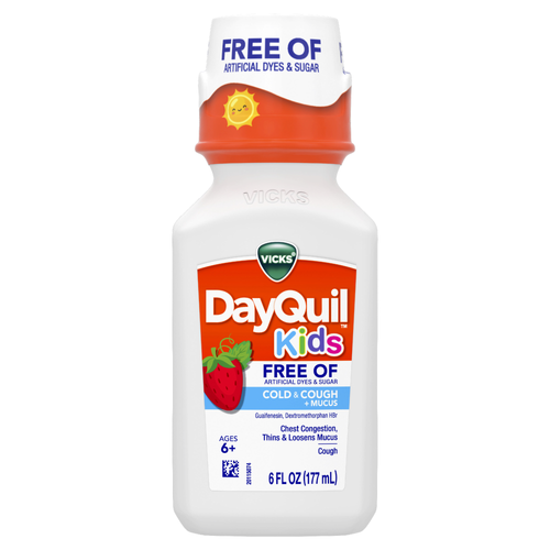 Vicks Dayquil Kids Cold & Cough + mucus Multi-Symptom Relief Liquid, Free Of Artificial Dyes & Sugar, Daytime And Chest Congestion, Thins & Loosens Mucus, No, Great-Tasting Berry Flavored Medicine, Specially Formulated For Ages 6+, 6o - 6 Ounce