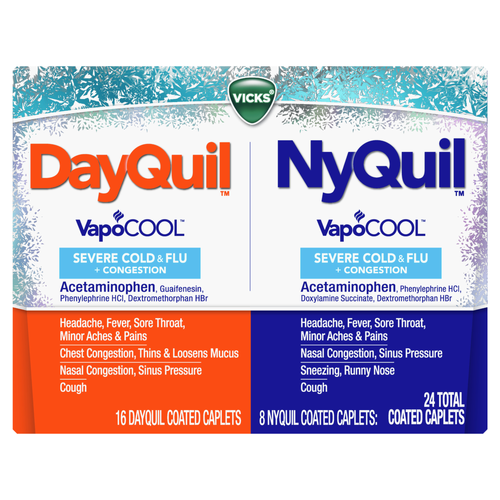Vicks Dayquil & Nyquil Vapocool Severe Cold & Flu + congestion Over-The-Counter Medicine Co-Pack, Powerful Relief For Headache, Fever, Sore Throat, Minor Aches And Pains, Nasal Congestion, Sinus Pressure, Stuffy Nose, Cough - 24 Count