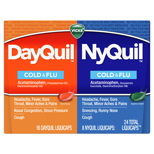 Vicks Dayquil & Nyquil Co-Pack, Cold & Flu Over-The-Counter Medicine, Powerful Multi-Symptom Daytime And Nighttime Relief For Headache, Fever, Sore Throat, Minor Aches Pains, Cough - 1 Kit
