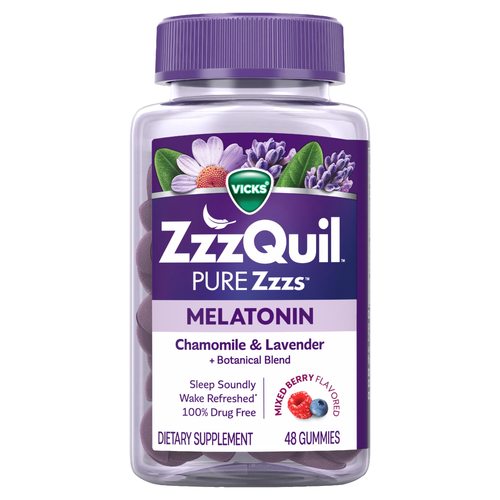 Vicks ZzzQuil PURE Zzzs Melatonin Gummies With Chamomile & Lavender, Wildberry Vanilla - 48 Count