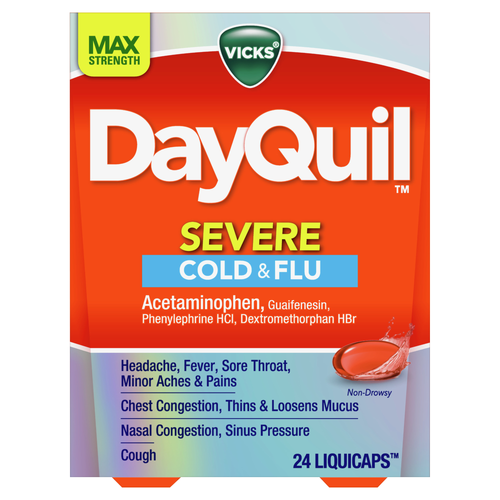 Vicks Dayquil Severe Cold & Flu Over-The-Counter Medicine, Powerful Non-Drowsy Daytime Relief For Headache, Fever, Sore Throat, Minor Aches And Pains, Chest Congestion, Stuffy Nose, Nasal Sinus Pressure, Cough, 24 Liquicaps - 24 Count