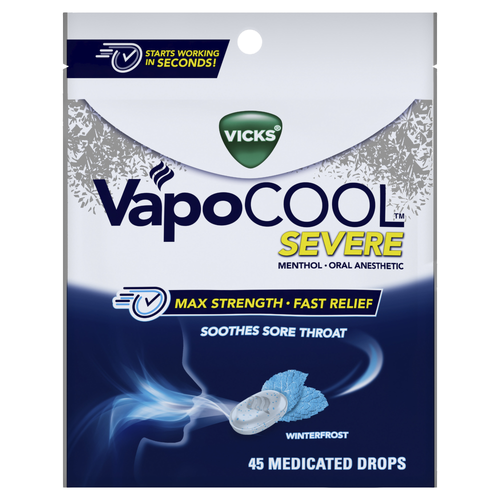Vicks Vapocool Severe Medicated Sore Throat Drops, Max Strength Menthol, Soothes Pain, Winterfrost Flavor - 45 Count