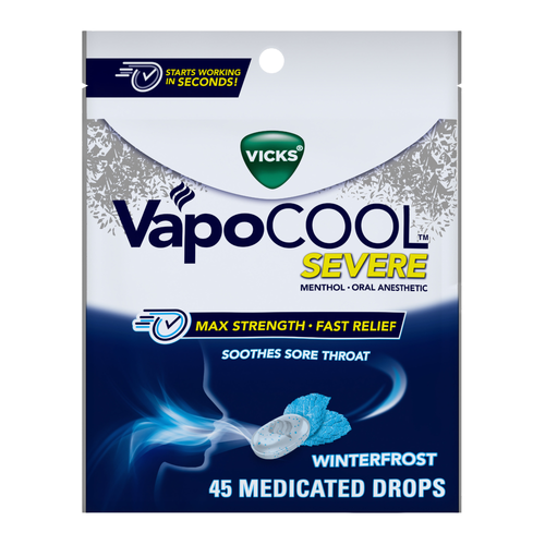 Vicks Vapocool Severe Medicated Sore Throat Drops, Max Strength Menthol, Soothes Pain, Winterfrost Flavor - 45 Count