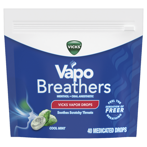 V VapoDrops Vicks Vapobreathers For Scratchy And Sore Throats, Cool Mint - 40 Count