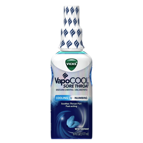 Vicks Vapocool Sore Throat Spray, Powerful Numbing Relief, Soothes Pain, Fast-Acting, With Benzocaine & Menthol Oral Anesthetics, Winterfrost Flavor - 6 Ounce
