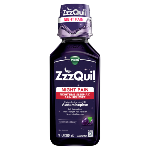 Vicks Zzzquil Liquid, Max Strength Pain Reliever, Nighttime Sleep Aid Acetaminophen Diphenhydramine Hci, Non-Habit Forming, Midnight Berry Flavored - 12 Ounce