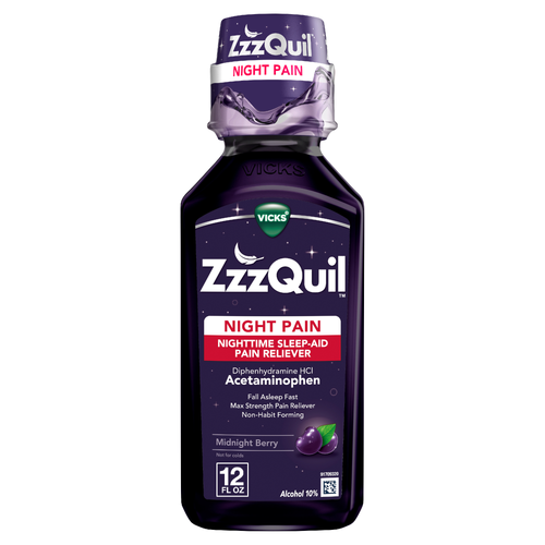 Vicks ZzzQuil Berry Flavor Liquid Max Strength Pain Reliever Nighttime Sleep Aid Midnight - 12 Ounce