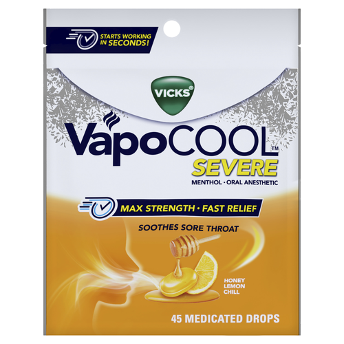 Vicks Vapocool Severe Medicated Sore Throat Drops, Max Strength Menthol, Soothes Pain, Honey Lemon Flavor - 45 Count