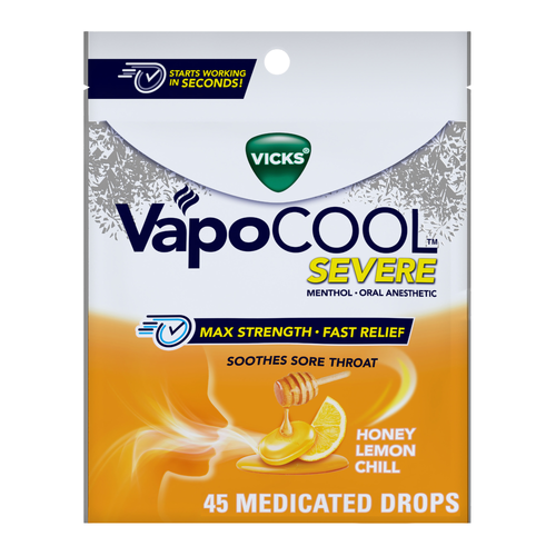 Vicks Vapocool Severe Medicated Sore Throat Drops, Max Strength Menthol, Soothes Pain, Honey Lemon Flavor - 45 Count