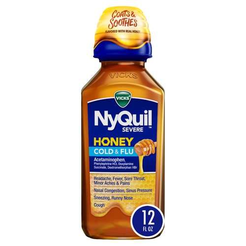 Vicks NyQuil Severe Honey Flavor Cold & Flu Liquid Medicine - 12 Ounce