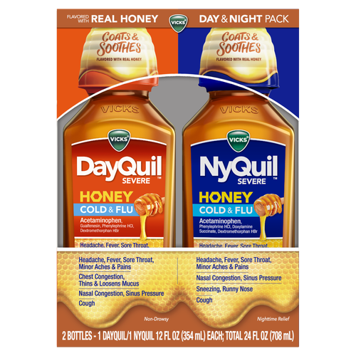 Vicks DayQuil & NyQuil Severe Combo Pack Honey Flavor Cold & Flu Liquid Medicine Powerful Daytime & Nighttime Relief - 2 Kit