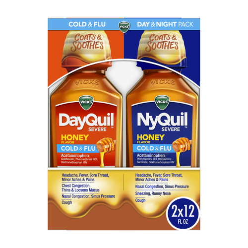 Vicks DayQuil & NyQuil Severe Combo Pack Honey Flavor Cold & Flu Liquid Medicine Powerful Daytime & Nighttime Relief - 1 Kit
