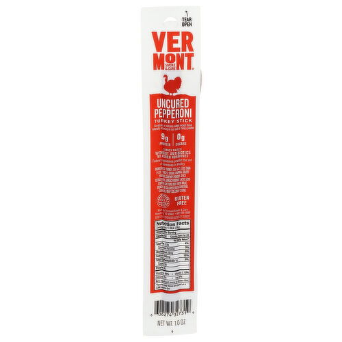 Vermont SMOKE & CURE Uncured Pepperoni Turkey Stick - 1 Ounce