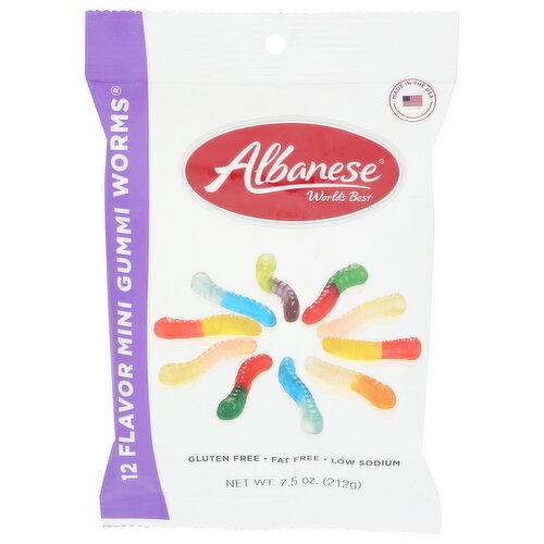 ALBANESE WORLD'S BEST Cherry, Strawberry, Mango, Pineapple, Lemon, Orange, Green Apple, Watermelon, Pink Grapefruit, Lime, Blue Raspberry, Grape Mini Gummi Worms 12 Flavor - 7.5 Ounce