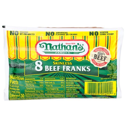 Nathan's Famous Skinless Beef Franks - 1.5 Ounce - 8 Count