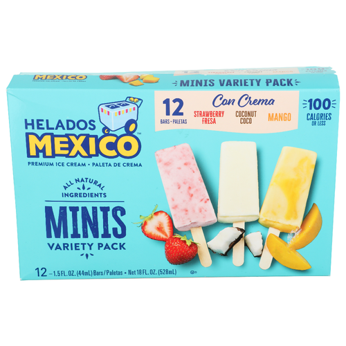 Helados Mexico Strawberry Coconut Mango Minis Variety Pack Premium Ice Cream - 1.5 Fluid Ounce - 12 Count