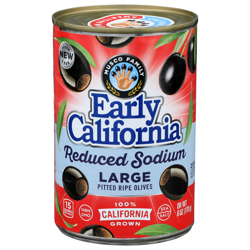 Musco Family Early California Ripe Olives Large Pitted Reduced Sodium - 6 Ounce