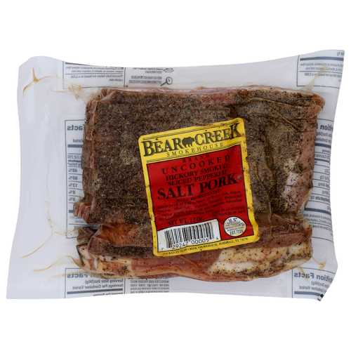 Bear Creek Smokehouse Brand Uncooked Hickory Smoked Sliced Peppered Salt Pork - 12 Ounce