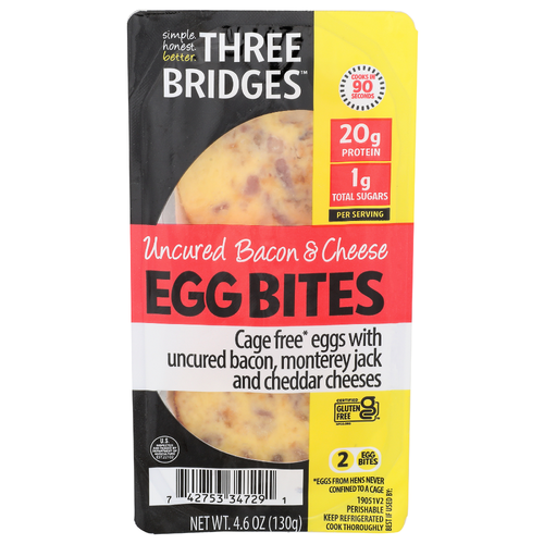 Three Bridges Uncured Bacon & Cheese Egg Bites - 2.3 Ounce - 2 Count