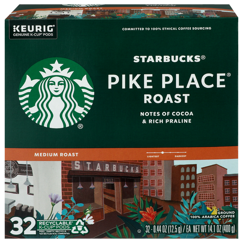 Starbucks Medium Roast Pike Place Keurig Genuine K-Cup Pods Ground 100% Arabica Coffee - 0.441 Ounce - 32 Count