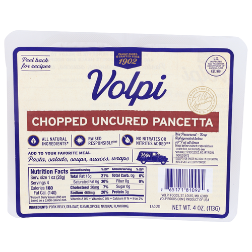 VOLPI Diced Chopped Uncurend Pancetta - 4 Ounce